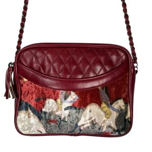 Red Quilted Crossbody Bag Velvet Horses Fairycore Chain Tassel Circus Camera